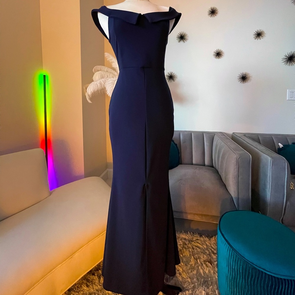 Boohoo Navy off shoulder gown